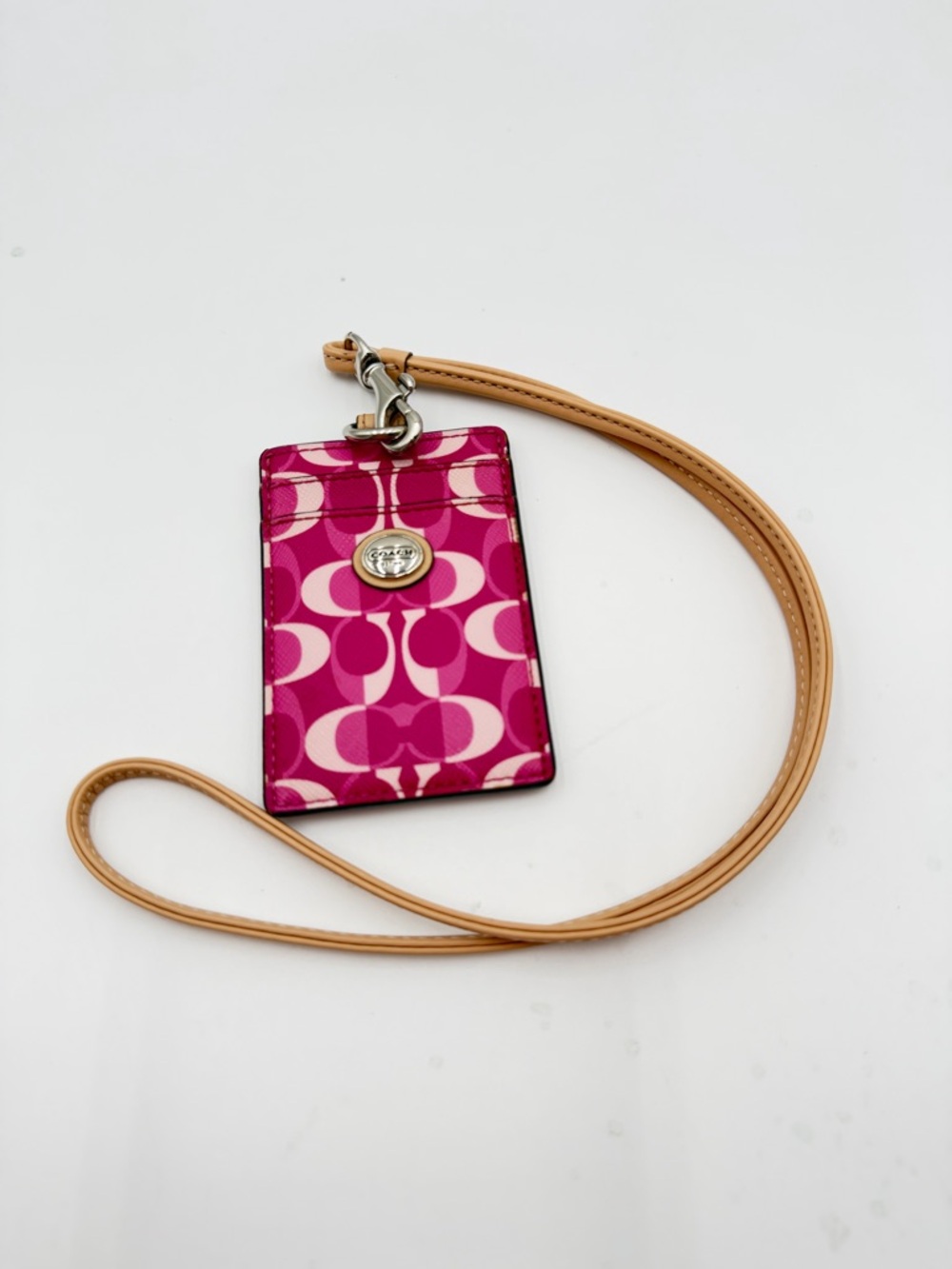 Coach Pink Signature ID Badge Holder Neck Lanyard Card Case - Picture 2 of 6